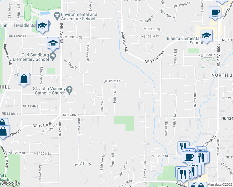 map of restaurants, bars, coffee shops, grocery stores, and more near 12610 89th Place Northeast in Kirkland