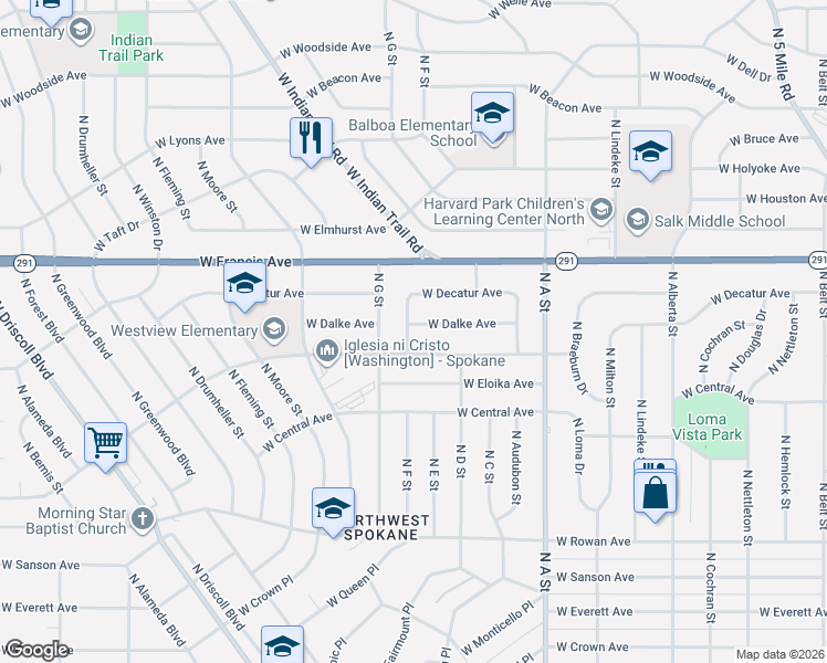 map of restaurants, bars, coffee shops, grocery stores, and more near 6018 N F St in Spokane