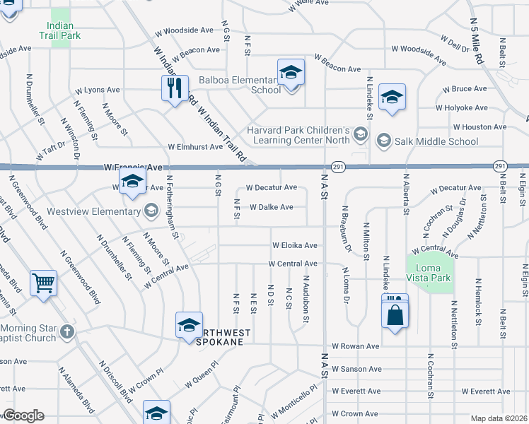 map of restaurants, bars, coffee shops, grocery stores, and more near 3105 West Dalke Avenue in Spokane