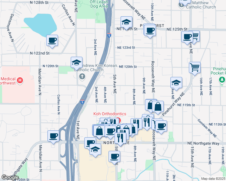 map of restaurants, bars, coffee shops, grocery stores, and more near 11545 5th Avenue Northeast in Seattle