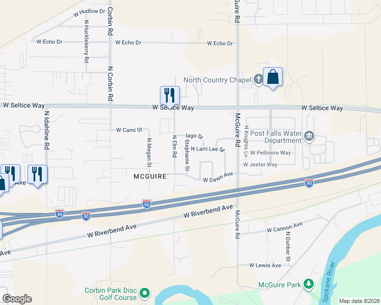 map of restaurants, bars, coffee shops, grocery stores, and more near 661 North Larri Lee Street in Post Falls