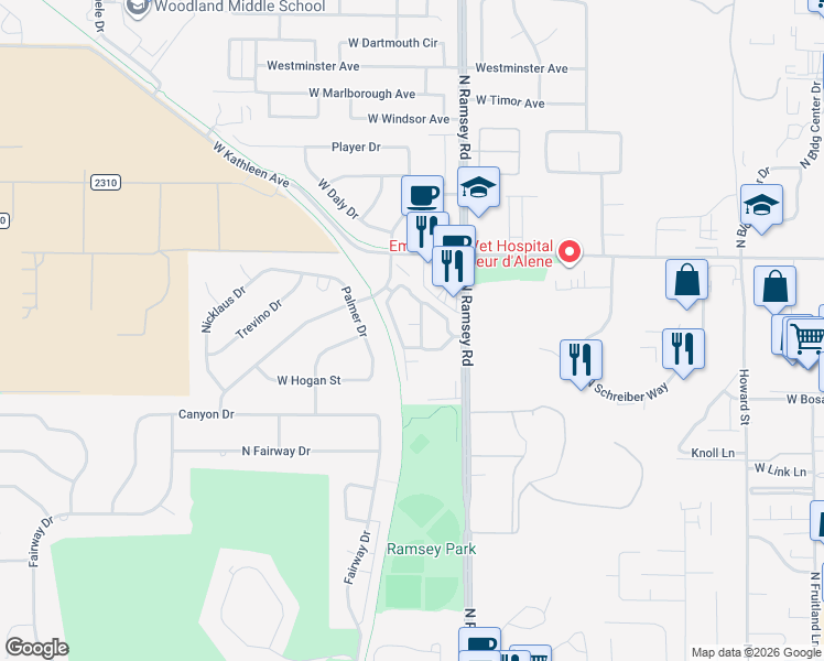 map of restaurants, bars, coffee shops, grocery stores, and more near 3825 North Ramsey Road in Coeur d'Alene