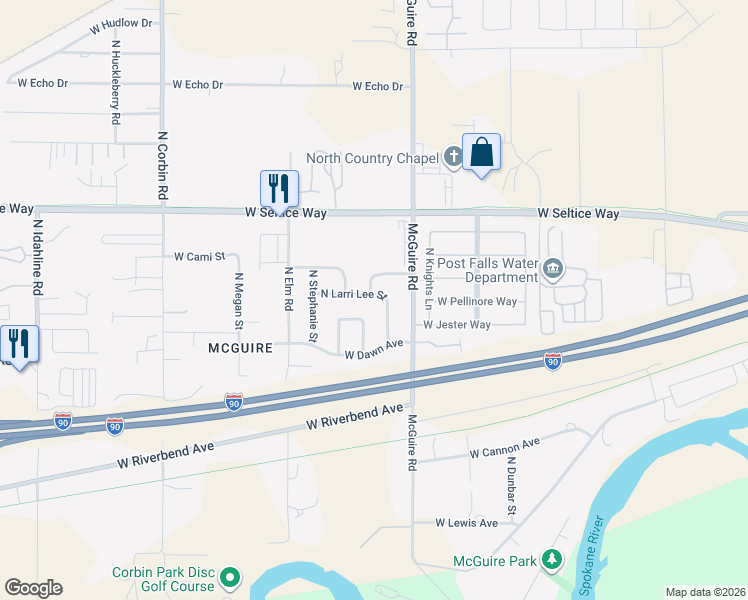 map of restaurants, bars, coffee shops, grocery stores, and more near 543 North Larri Lee Street in Post Falls