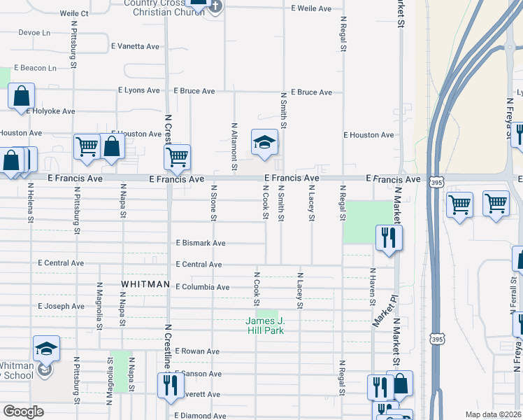 map of restaurants, bars, coffee shops, grocery stores, and more near 2427 East Dalke Avenue in Spokane