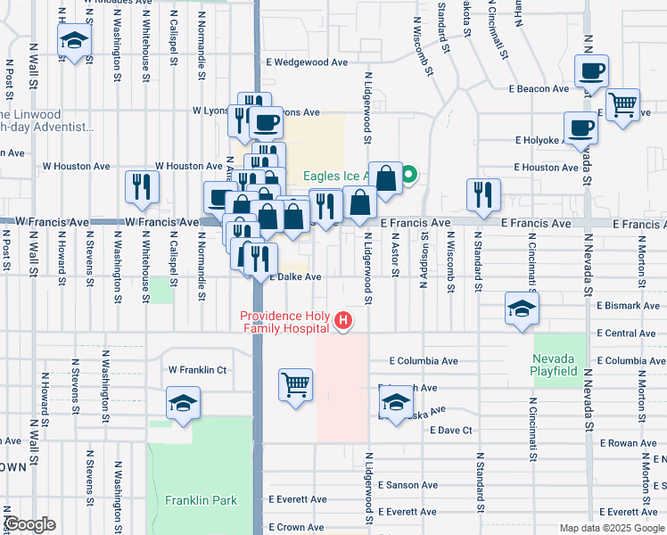 map of restaurants, bars, coffee shops, grocery stores, and more near 6104 North Mayfair Street in Spokane
