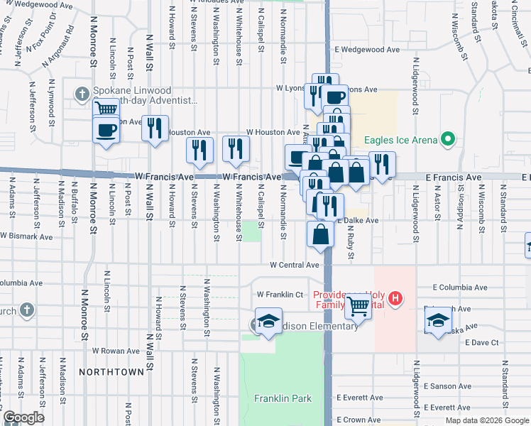 map of restaurants, bars, coffee shops, grocery stores, and more near 6103 North Calispel Street in Spokane