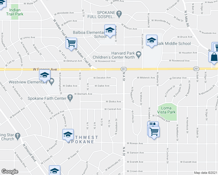 map of restaurants, bars, coffee shops, grocery stores, and more near 3011 West Dalke Avenue in Spokane