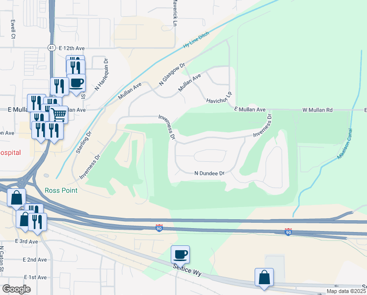 map of restaurants, bars, coffee shops, grocery stores, and more near 4970 Inverness Drive in Post Falls