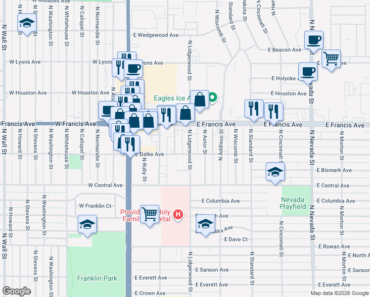 map of restaurants, bars, coffee shops, grocery stores, and more near 6109 North Lidgerwood Street in Spokane
