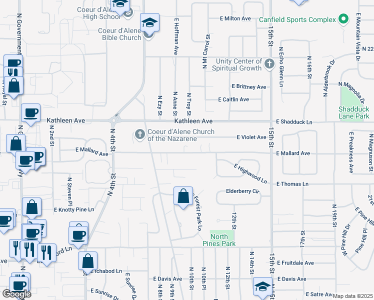 map of restaurants, bars, coffee shops, grocery stores, and more near 1055 East Timber Lane in Coeur d'Alene