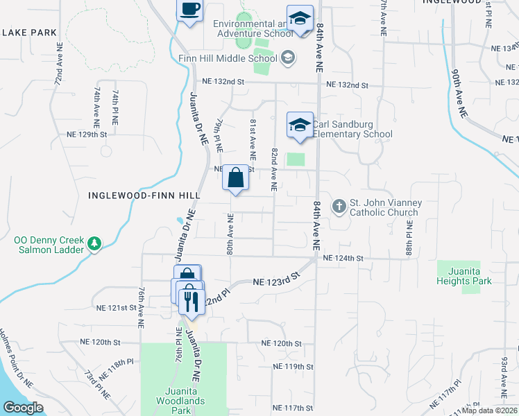 map of restaurants, bars, coffee shops, grocery stores, and more near 8118 Northeast 126th Street in Kirkland