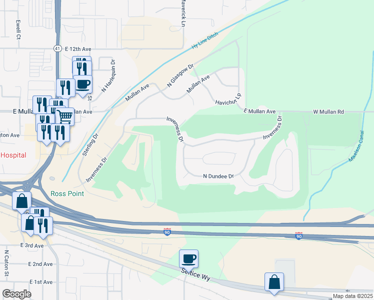map of restaurants, bars, coffee shops, grocery stores, and more near 4970 Inverness Drive in Post Falls