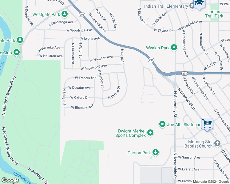 map of restaurants, bars, coffee shops, grocery stores, and more near 6011 North Oxford Drive in Spokane