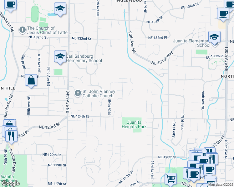 map of restaurants, bars, coffee shops, grocery stores, and more near 8906 Northeast 126th Street in Kirkland