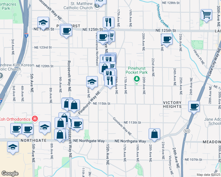 map of restaurants, bars, coffee shops, grocery stores, and more near 11545 16th Avenue Northeast in Seattle