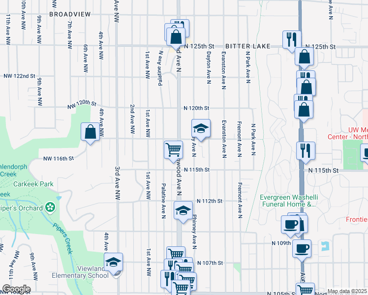 map of restaurants, bars, coffee shops, grocery stores, and more near 11540 Greenwood Avenue North in Seattle