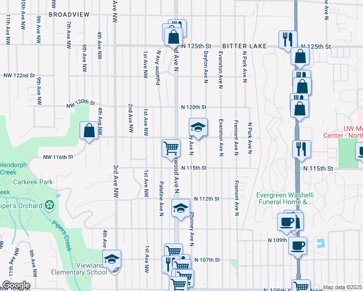 map of restaurants, bars, coffee shops, grocery stores, and more near 11544 Greenwood Avenue North in Seattle