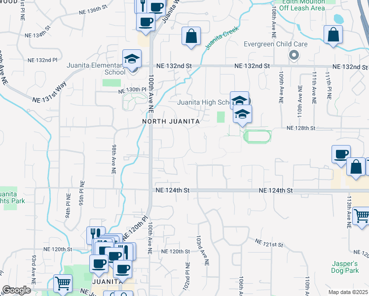 map of restaurants, bars, coffee shops, grocery stores, and more near 12621 102nd Avenue Northeast in Kirkland