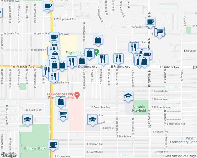 map of restaurants, bars, coffee shops, grocery stores, and more near 6101 North Addison Street in Spokane