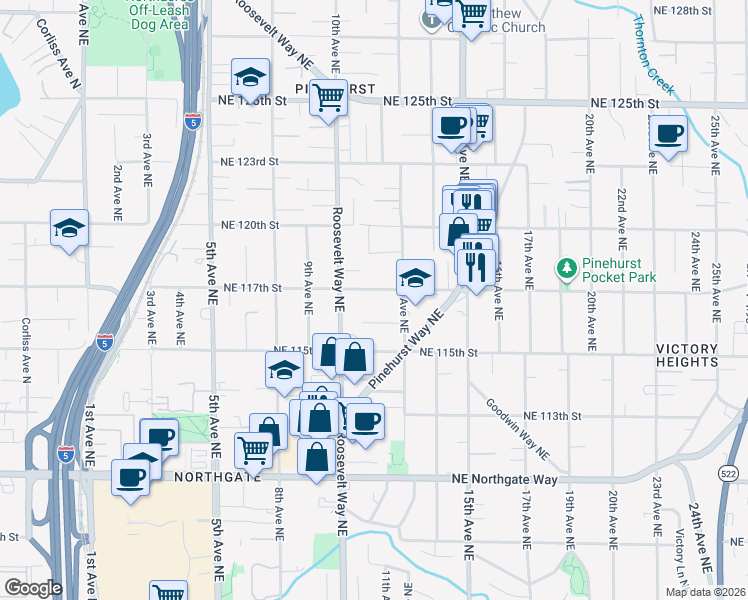 map of restaurants, bars, coffee shops, grocery stores, and more near 1043 Northeast 117th Street in Seattle