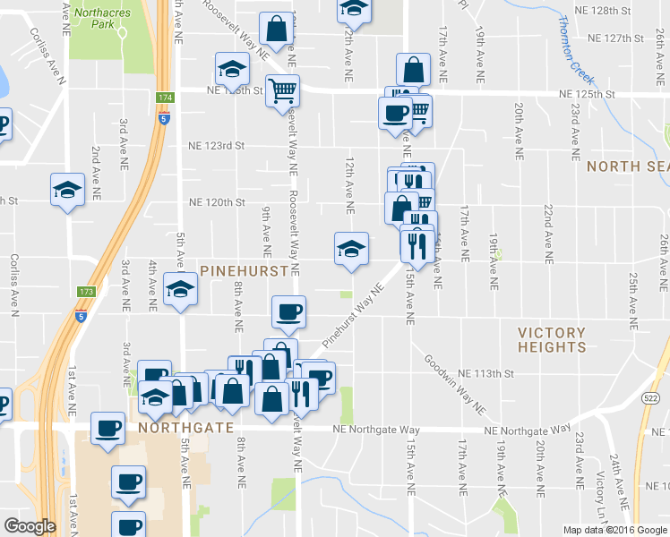 map of restaurants, bars, coffee shops, grocery stores, and more near 1043 NE 117th St in Seattle