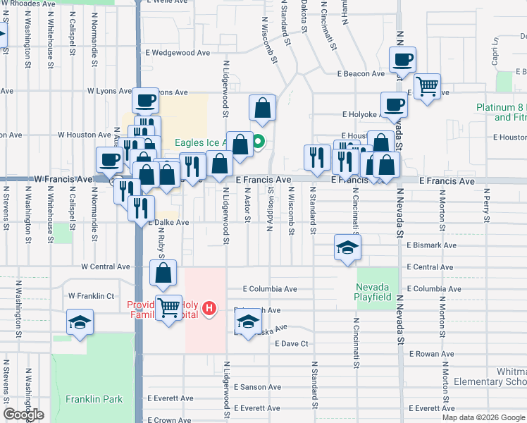 map of restaurants, bars, coffee shops, grocery stores, and more near 6101 North Addison Street in Spokane