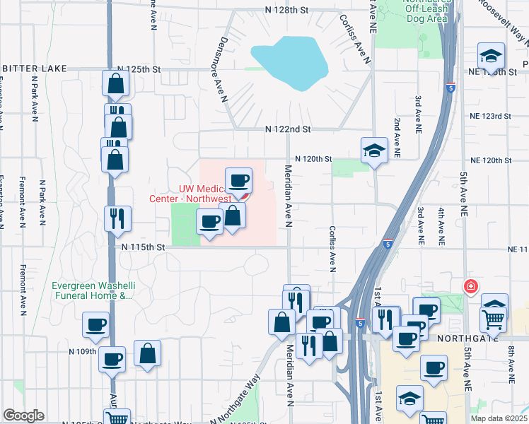 map of restaurants, bars, coffee shops, grocery stores, and more near 1560 North 115th Street in Seattle