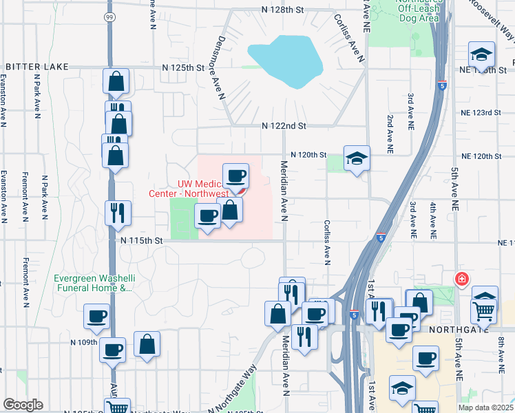 map of restaurants, bars, coffee shops, grocery stores, and more near 1560 North 115th Street in Seattle