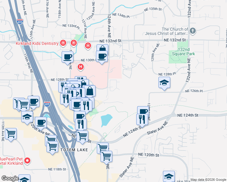 map of restaurants, bars, coffee shops, grocery stores, and more near 13220 Northeast 127th Court in Kirkland