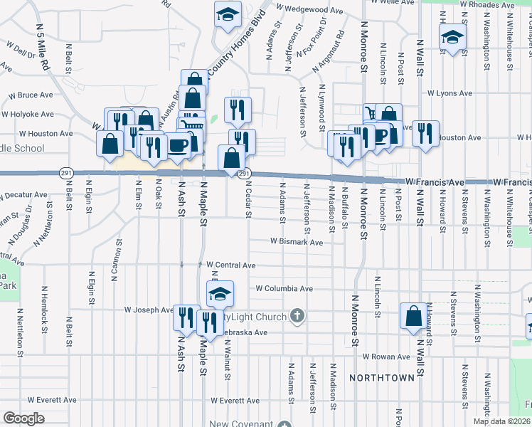 map of restaurants, bars, coffee shops, grocery stores, and more near 1333 West Dalke Avenue in Spokane