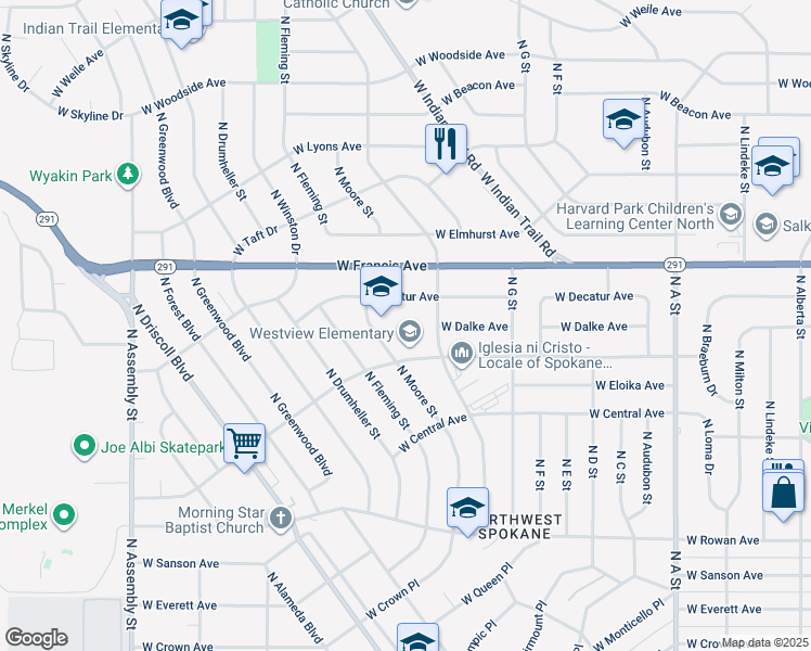 map of restaurants, bars, coffee shops, grocery stores, and more near 6104 North Moore Street in Spokane