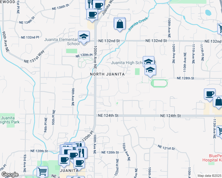 map of restaurants, bars, coffee shops, grocery stores, and more near 10122 Northeast 126th Street in Kirkland