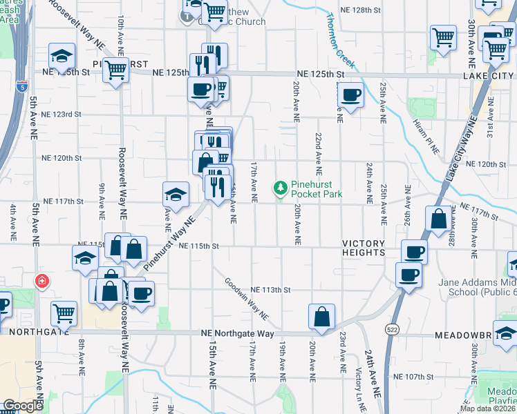 map of restaurants, bars, coffee shops, grocery stores, and more near 11545 17th Avenue Northeast in Seattle