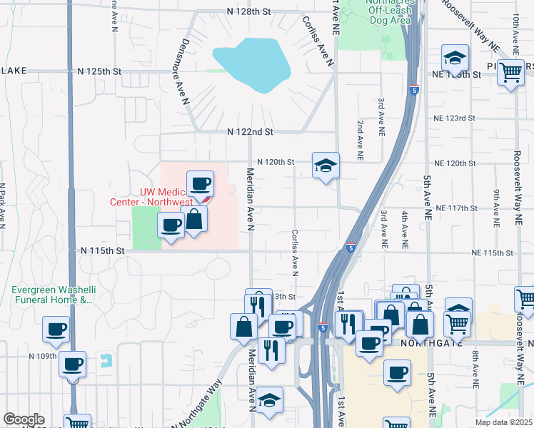 map of restaurants, bars, coffee shops, grocery stores, and more near 11536 Meridian Avenue North in Seattle