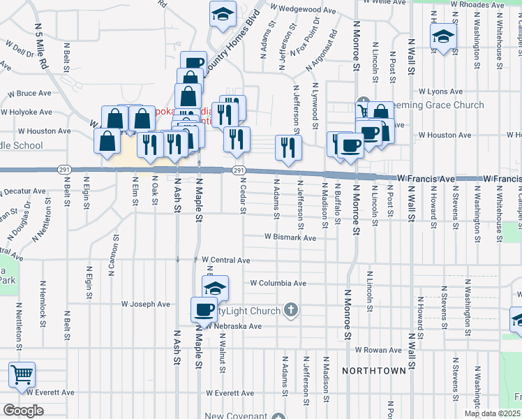 map of restaurants, bars, coffee shops, grocery stores, and more near 1333 West Dalke Avenue in Spokane