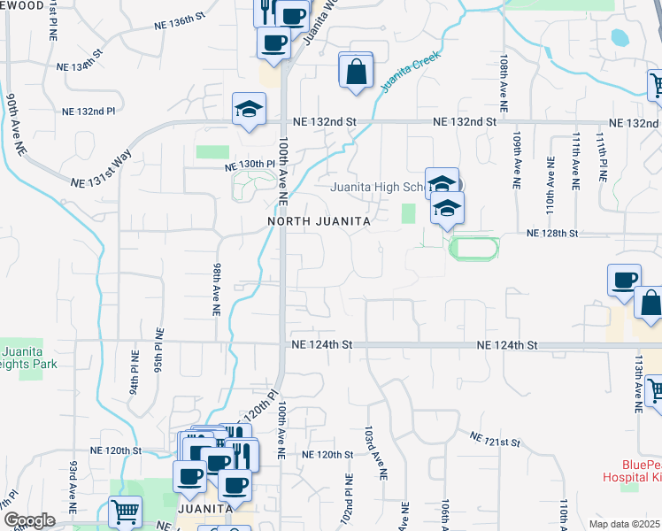 map of restaurants, bars, coffee shops, grocery stores, and more near 10122 Northeast 126th Street in Kirkland