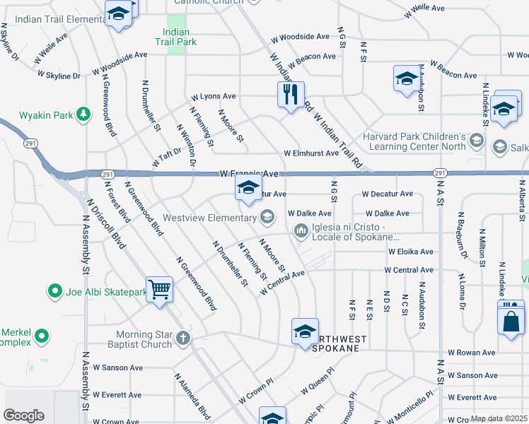 map of restaurants, bars, coffee shops, grocery stores, and more near 6104 North Moore Street in Spokane
