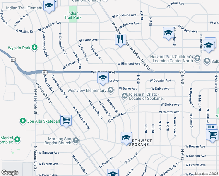 map of restaurants, bars, coffee shops, grocery stores, and more near 6104 North Moore Street in Spokane