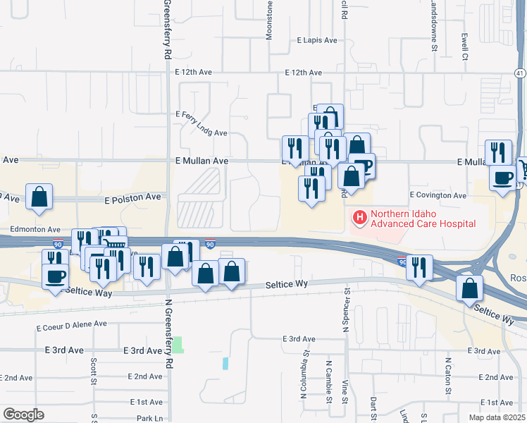 map of restaurants, bars, coffee shops, grocery stores, and more near 460 North Garden Plaza Court in Post Falls
