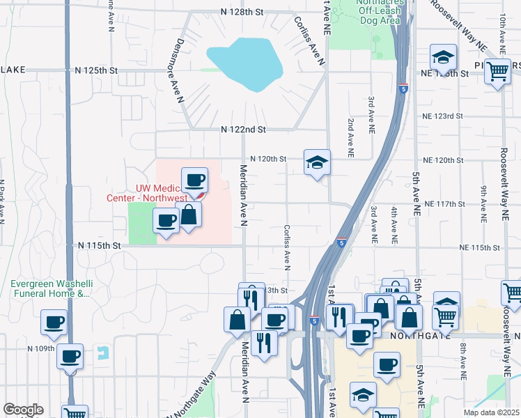 map of restaurants, bars, coffee shops, grocery stores, and more near 11536 Meridian Avenue North in Seattle