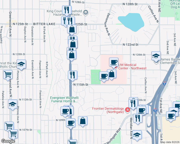 map of restaurants, bars, coffee shops, grocery stores, and more near 11542 Stone Avenue North in Seattle