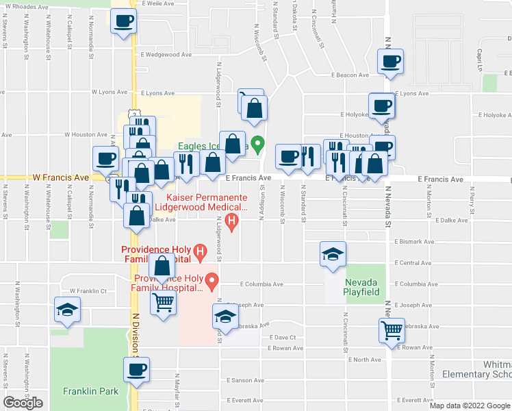 map of restaurants, bars, coffee shops, grocery stores, and more near 6119 North Addison Street in Spokane