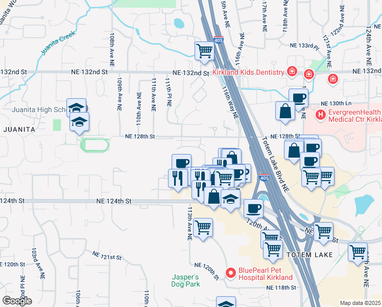 map of restaurants, bars, coffee shops, grocery stores, and more near 11217 Northeast 128th Street in Kirkland