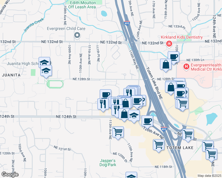 map of restaurants, bars, coffee shops, grocery stores, and more near 11217 Northeast 128th Street in Kirkland