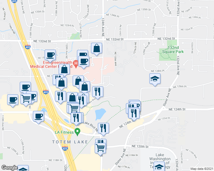 map of restaurants, bars, coffee shops, grocery stores, and more near 12429 Northeast 127th Court in Kirkland
