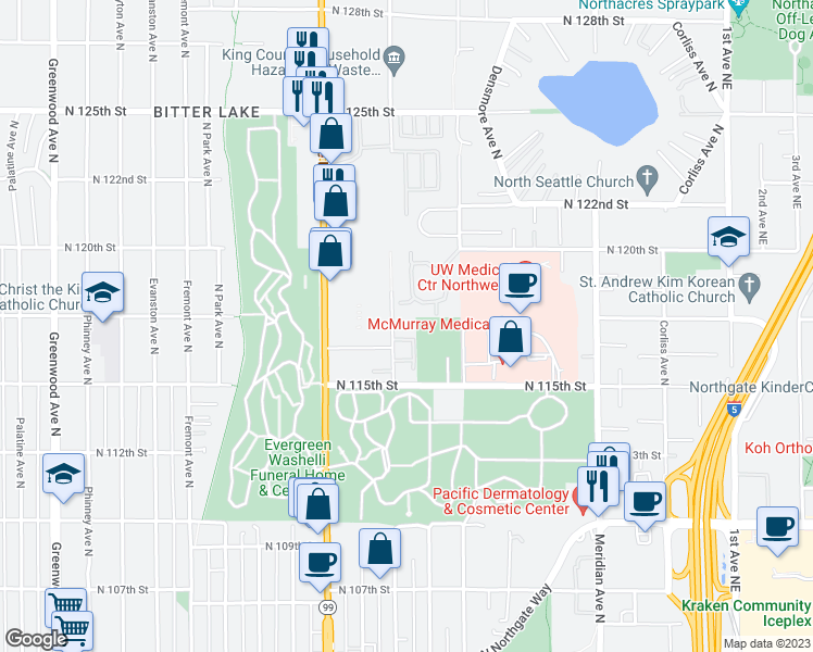 map of restaurants, bars, coffee shops, grocery stores, and more near 11542 Stone Avenue North in Seattle