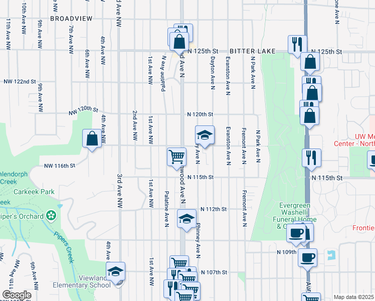 map of restaurants, bars, coffee shops, grocery stores, and more near 11540 Greenwood Avenue North in Seattle