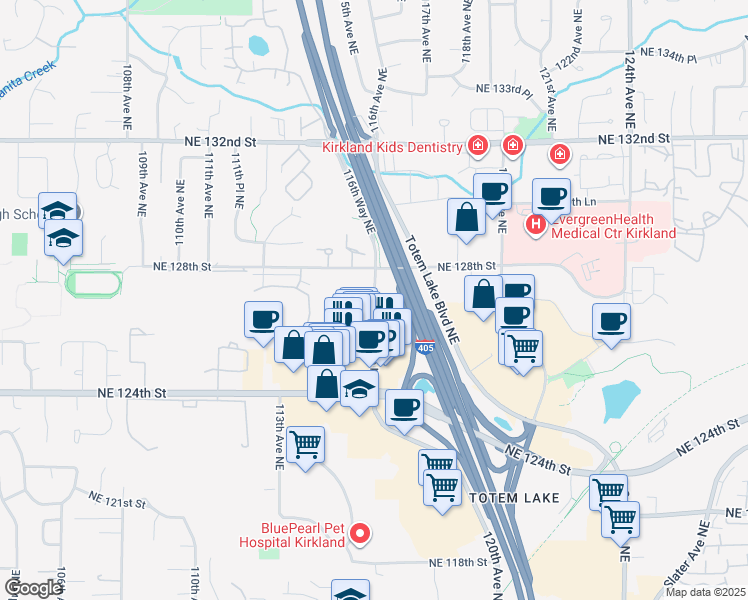 map of restaurants, bars, coffee shops, grocery stores, and more near 12799 116th Avenue Northeast in Kirkland