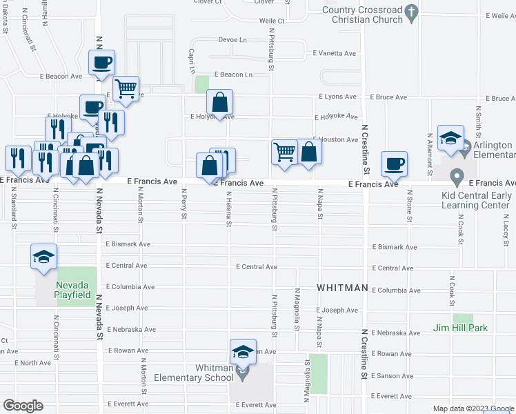 map of restaurants, bars, coffee shops, grocery stores, and more near 1642 East Decatur Avenue in Spokane