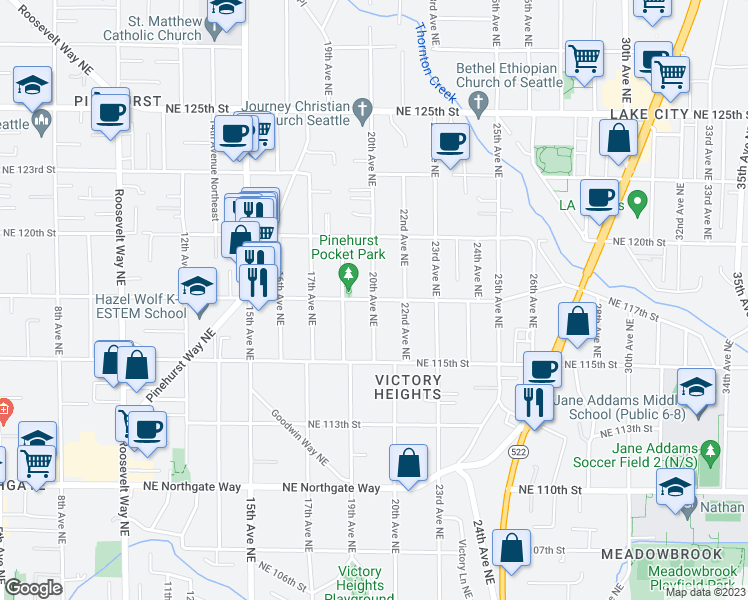 map of restaurants, bars, coffee shops, grocery stores, and more near Northeast 117th Street in Seattle